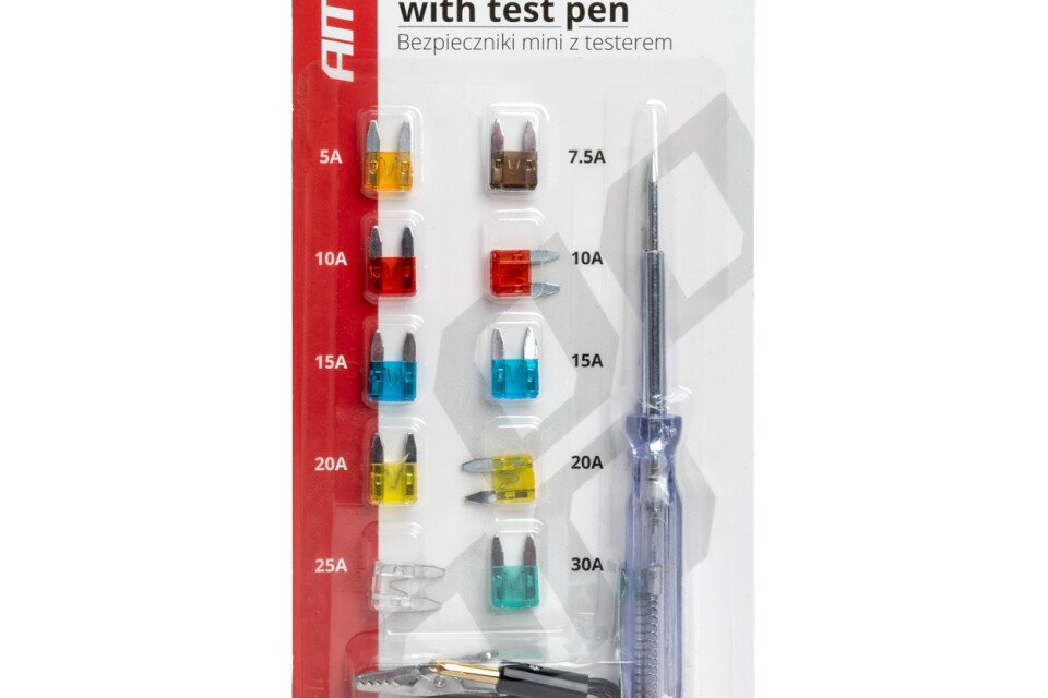 Mini-Sicherungen, Satz à 10 Stück + Spannungsprüfer AMIO-03524