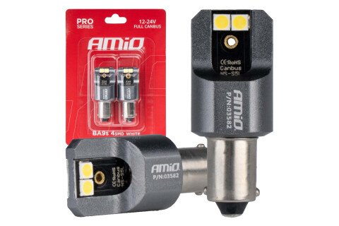 Żarówki LED FULL CANBUS PRO T4W BA9S 4x3030 SMD Białe 12V 24V AMIO-03582