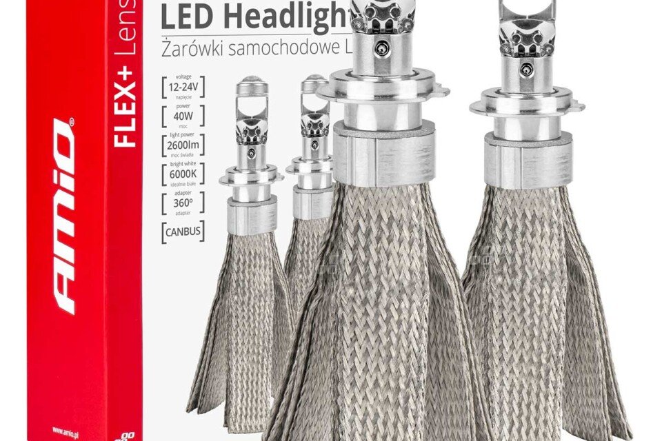 Żarówki samochodowe LED H7 FLEX + soczewka canbus 6000K AMIO-03660