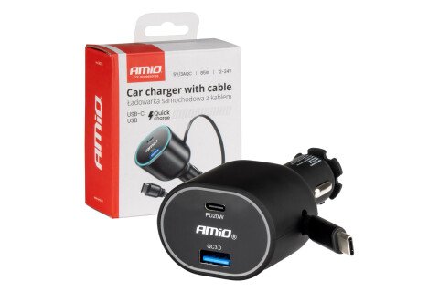 Încărcător auto rapid cu cablu retractabil 85W PD30W PD20W + QC3.0 USB-A USB-C AMIO-04176