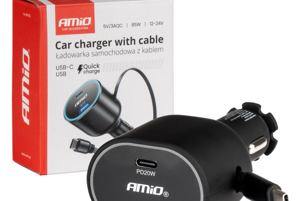 Încărcător auto rapid cu cablu retractabil 85W PD30W PD20W + QC3.0 USB-A USB-C AMIO-04176