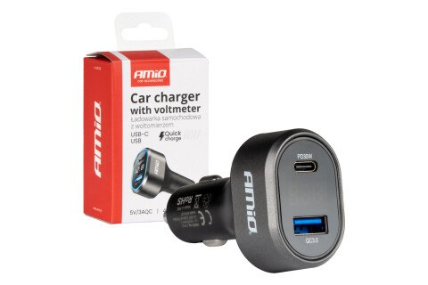 Brzi auto punjač sa voltmetrom 48V PD30V KC3.0 USB-A USB-C AMIO-04178