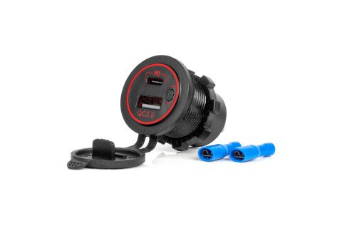 Avto polnilec z USB vtičnicami vodoodporen USB + USB-C QC3.0 12V 24V AMIO-04221