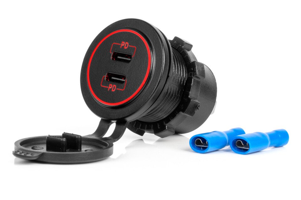 Ładowarka samochodowa z gniazdami USB, wodoodporna 2x USB-C 12V 24V AMIO-04223