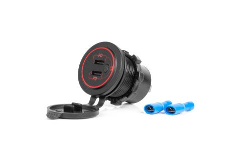 Autonabíječka s USB zásuvkami, voděodolná, s vypínačem 2x USB-C 12V 24V AMIO-04224