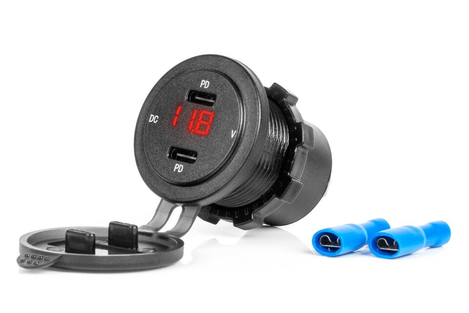 Autoladegerät mit USB-Buchsen und Spannungsprüfer, wasserdicht 2x USB-C 12V 24V AMIO-04225