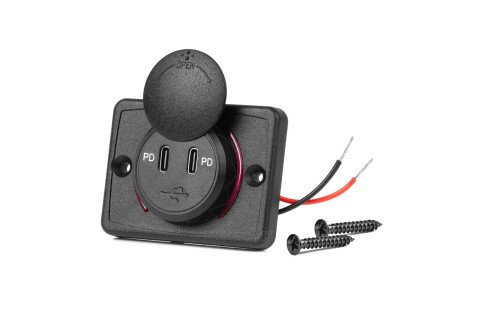 Caricabatteria da auto con prese USB, impermeabile, quadrato, 2x USB-C 12V 24V AMIO-04232