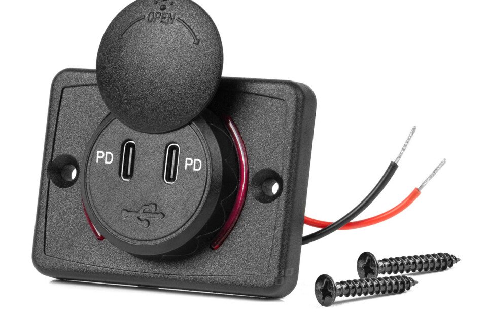 Caricabatteria da auto con prese USB, impermeabile, quadrato, 2x USB-C 12V 24V AMIO-04232