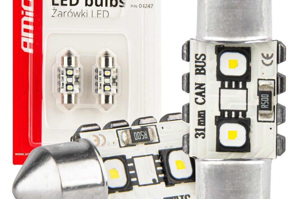 LED CANBUS žarnice Festoon C5W 2SMD 3838 31mm Bela 12V 24V AMIO-04247