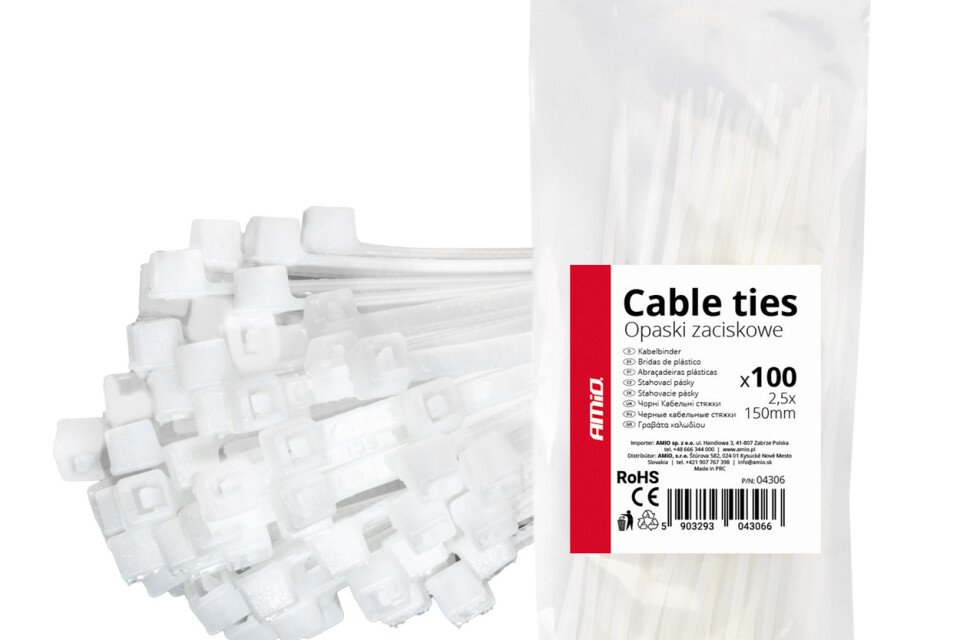 Weiße Kabelbinder 2,5×150mm 100 Stück AMIO-04306
