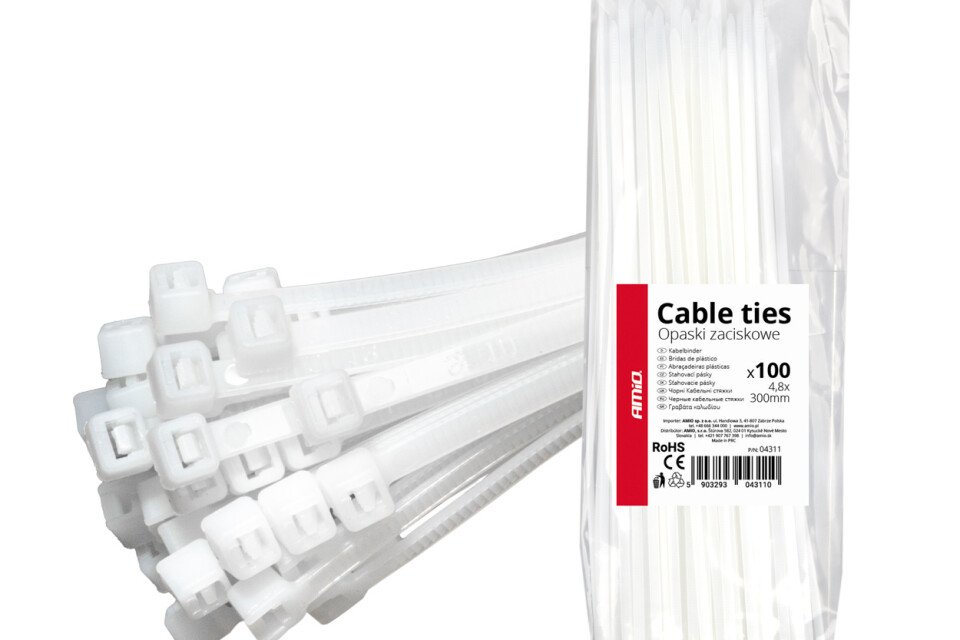 Bílé stahovací pásky 4,8×300mm 100 ks AMIO-04311