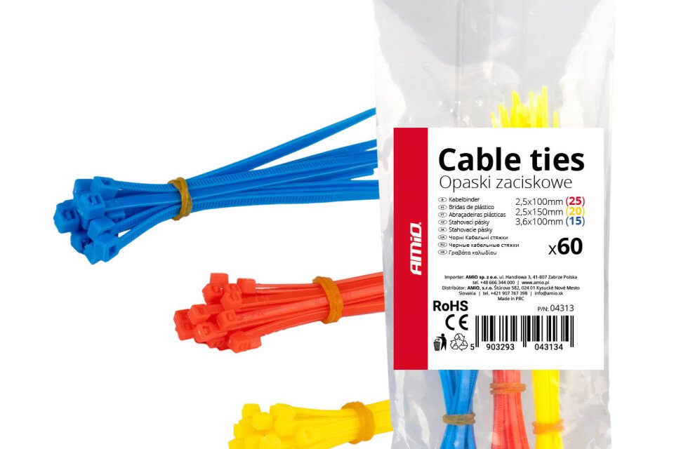 Vícebarevné plastové stahovací pásky, sada 60 kusů AMIO-04313