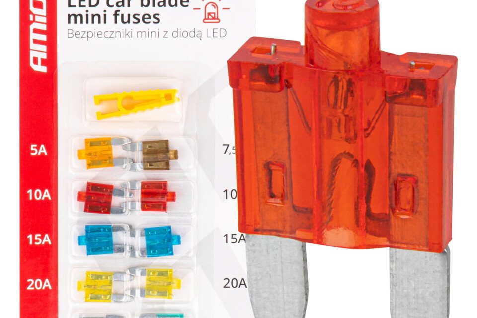 Mini bezpieczniki samochodowe z diodą LED, 10 szt. AMIO-04340