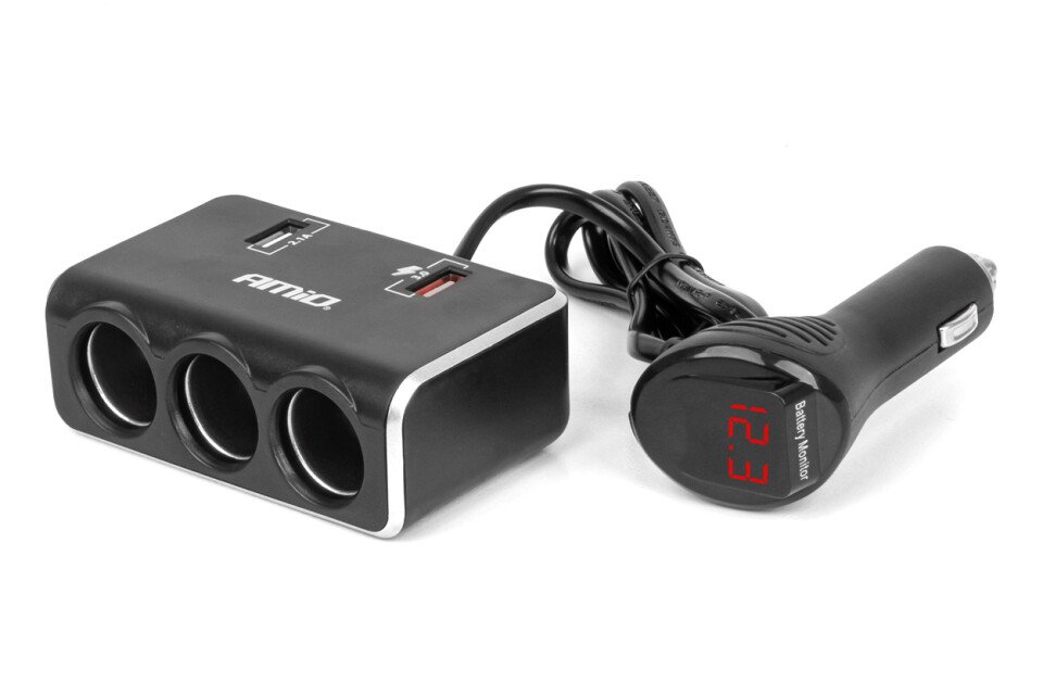 Разклонител за запалка със зарядно 2x USB0A QC3.0 12V 24V 120W 80cm AMIO-04364
