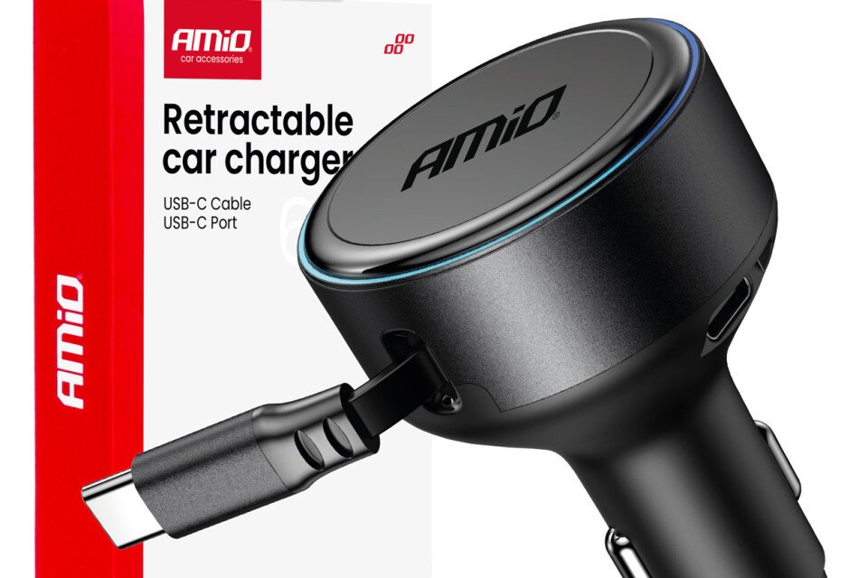 Punjač za automobil sa kablom na uvlačenje Tipe-C + USB-C 12V 24V 60V AMIO-04368