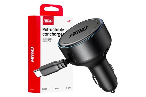 Punjač za automobil sa kablom na uvlačenje Tipe-C + USB-C 12V 24V 60V AMIO-04368