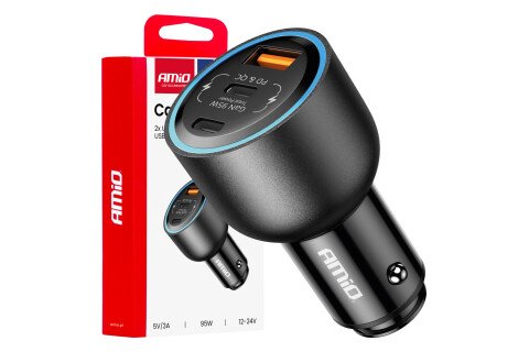Auto punjač 2k USB-C + USB-A 12V 24V 95V AMIO-04372