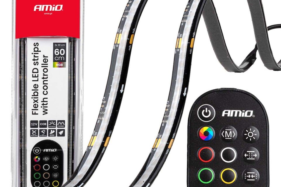 LED trake za automobile, višebojne, RGB, sa daljinskim upravljačem, 2x30cm, 12V, AMIO-04579