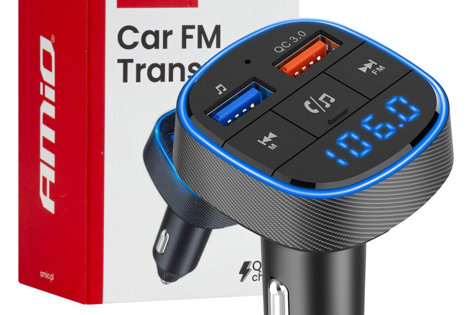 Auto FM vysílač 2×USB-A 12V 24V AMIO-04648