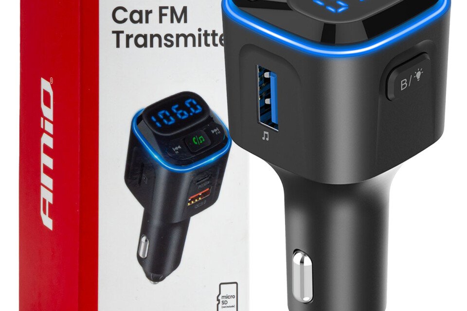 Automobilski FM predajnik microSD 1×USB-A 2×USB-C 12V 24V AMIO-04651