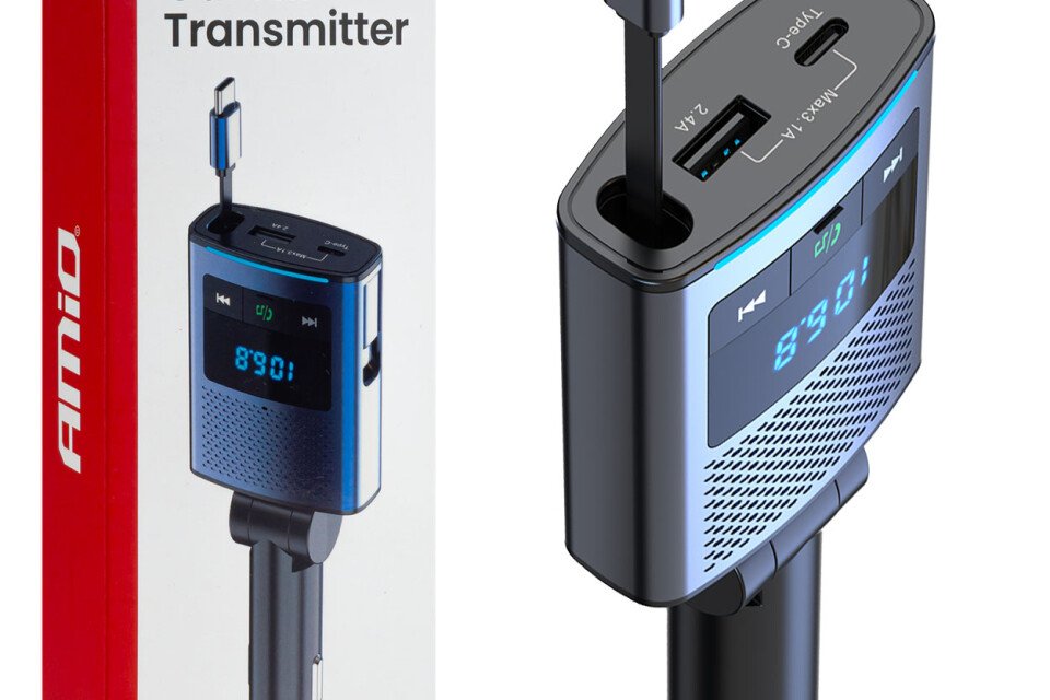 Automobilski FM predajnik 1×USB-A 1×USB-C 12V 24V AMIO-04656