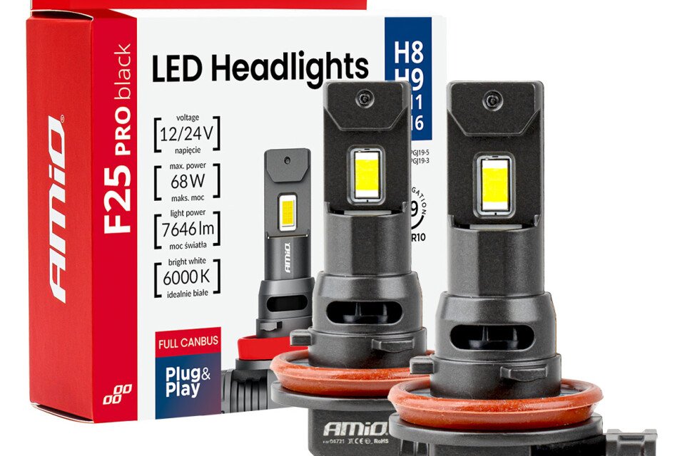 LED auto sijalice serije F25 PRO crne FULL CANBUS H8 H9 H11 H16 68W 12V 24V AMIO-04721