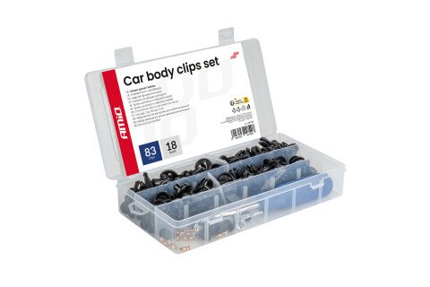 Mali set automobilskih pričvršćivača i iglica sa alatima 83+18 delova. AMIO-04740