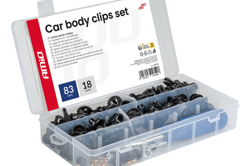 Mali set automobilskih pričvršćivača i iglica sa alatima 83+18 delova. AMIO-04740