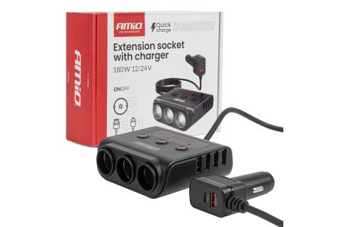 Separator priză brichetă cu încărcător 4xUSB-A QC3.0 PD 3.0 180W AMIO-04835