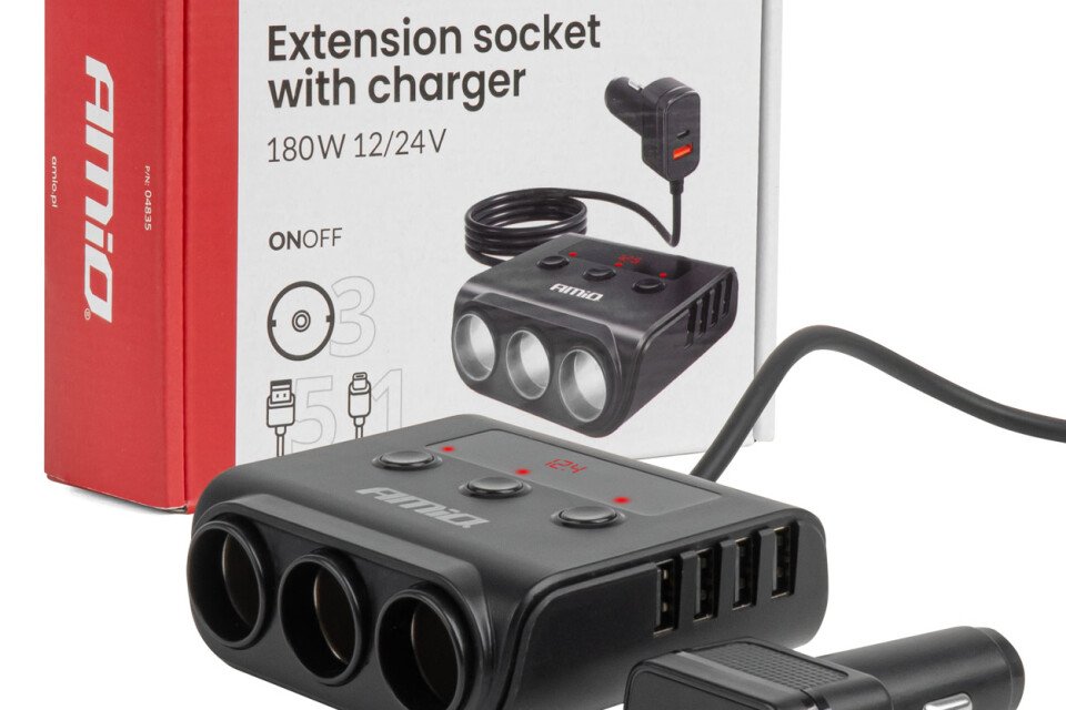 Separator priză brichetă cu încărcător 4xUSB-A QC3.0 PD 3.0 180W AMIO-04835