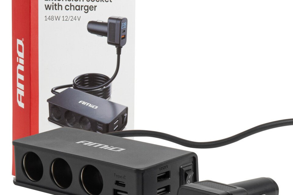 Razdjelnik za upaljač s punjačem 3xUSB-A USB-C QC 3.0 PD 3.0. 148W AMIO-04836