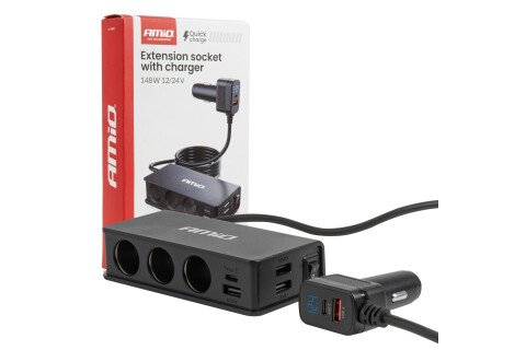 Razdjelnik za upaljač s punjačem 3xUSB-A USB-C QC 3.0 PD 3.0. 148W AMIO-04836