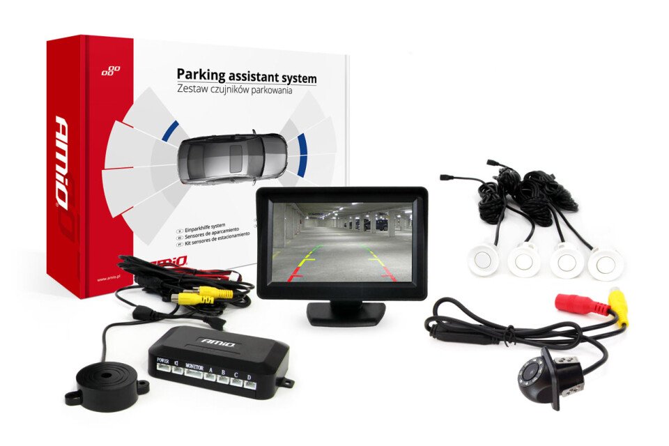 Parkolásérzékelő készlet TFT01 4,3" HD-305 LED kamerával, 4 fehér érzékelővel