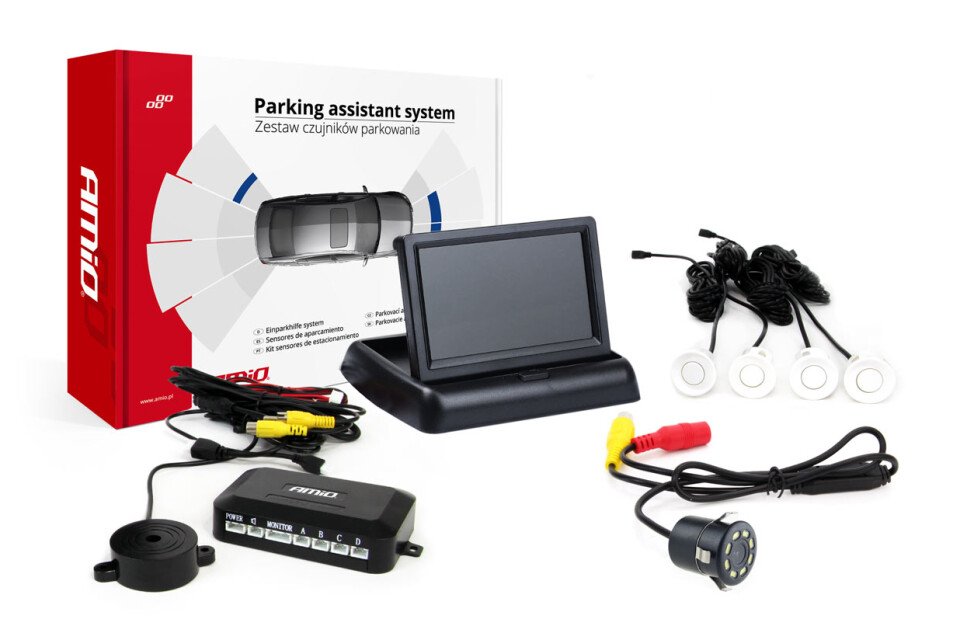 Kit sensori di parcheggio TFT02 4.3" con telecamera HD-308-LED 4 sensori bianchi