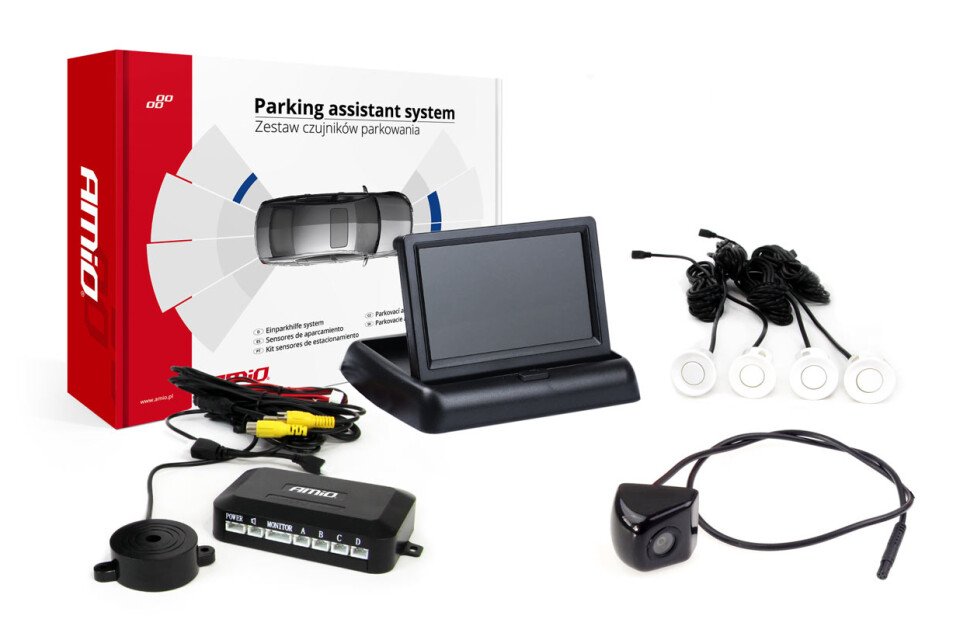 Parkolásérzékelő készlet TFT02 4,3" HD-310 kamerával, 4 fehér érzékelővel