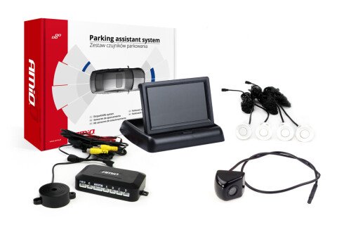 Parkolásérzékelő készlet TFT02 4,3" HD-310 kamerával, 4 fehér érzékelővel