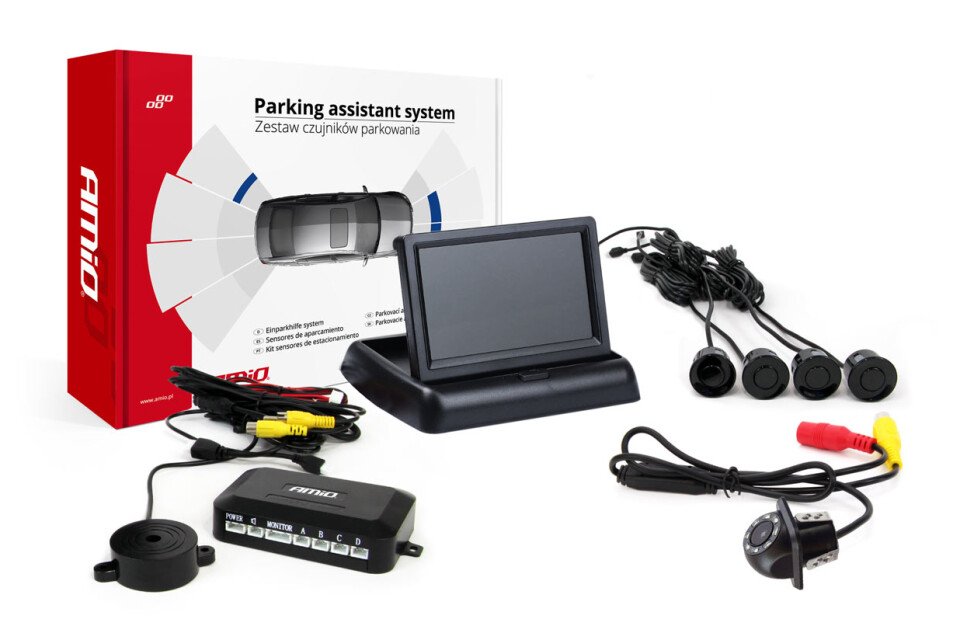 Parkolásérzékelő készlet TFT02 4,3" HD-305-LED kamerával, 4 fekete érzékelővel
