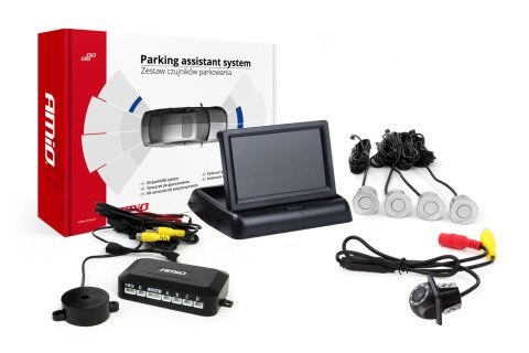 Комплект сензор за паркиране TFT02 4.3" с HD-305-LED камера 4 сензора сребрист