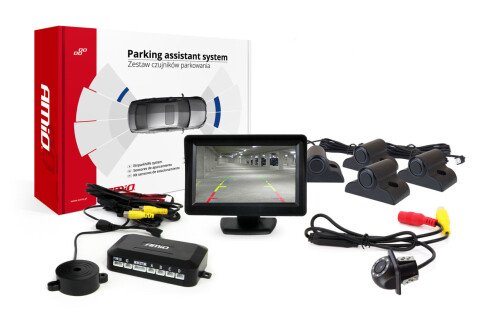 Parkolásérzékelő készlet TFT01 4,3" HD-305-LED kamerával. 4 fekete érzékelő teherautókhoz