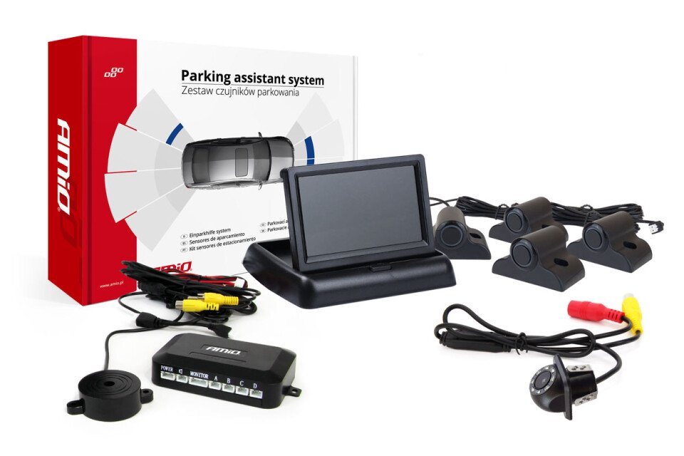 Sada parkovacích senzorů TFT02 4,3" s HD-305-LED kamerou. 4 černé senzory pro nákladní vozidla