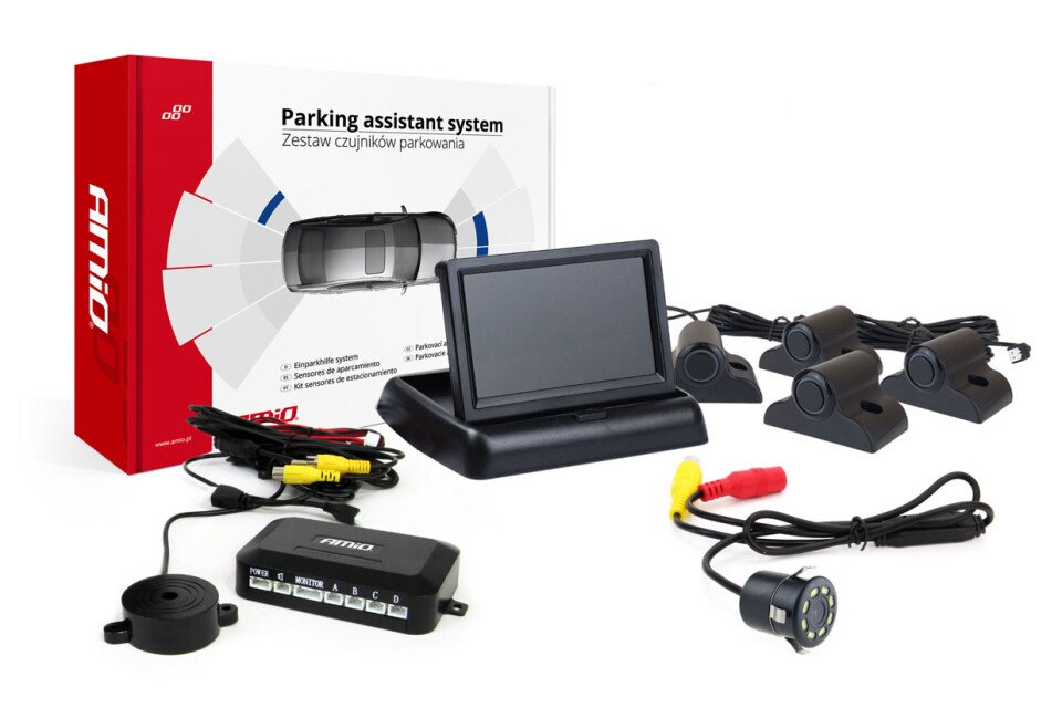 Komplet parkirnih senzorjev TFT02 4,3" s HD-308-LED kamero. 4 črni senzorji za tovorna vozila