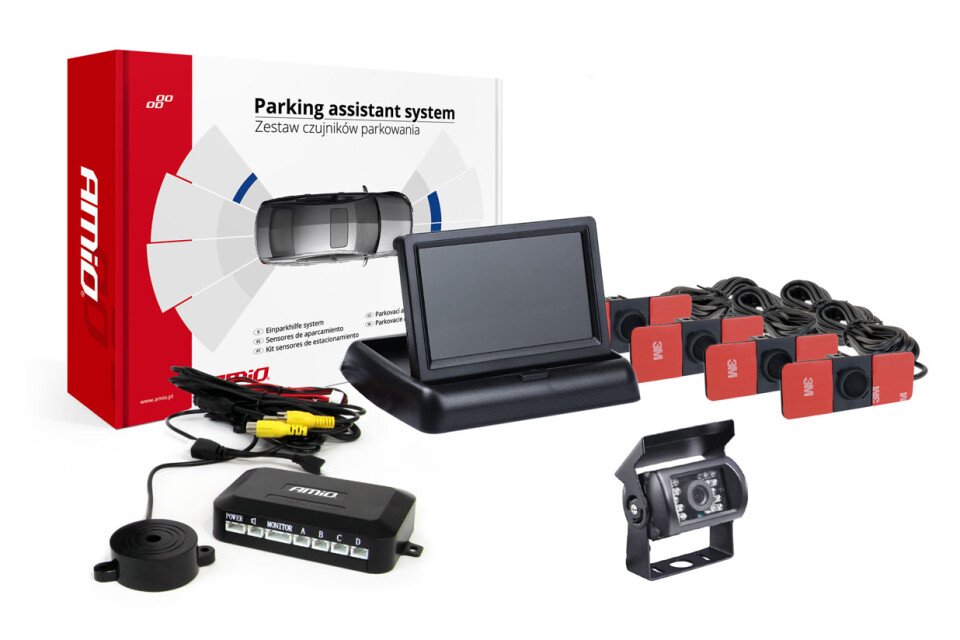 Sada parkovacích senzorů TFT02 4,3" s HD-501-IR kamerou. 4 černé senzory uvnitř