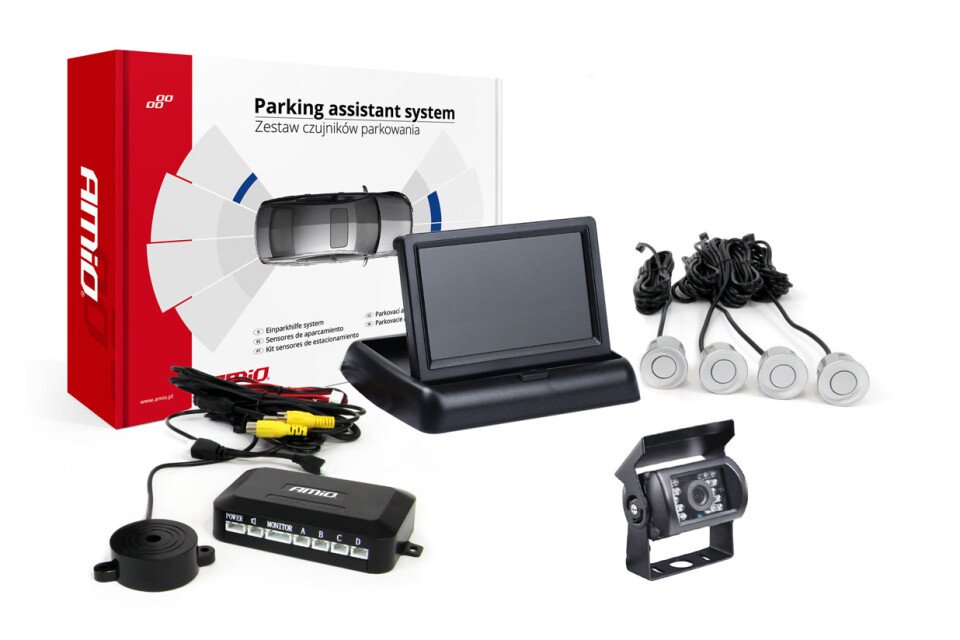 Kit sensori di parcheggio TFT02 4.3" con telecamera HD-501-IR 4 sensori argento