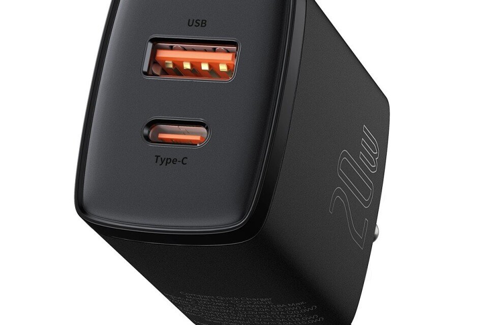 Baseus kompaktni brzi punjač, USB, USB-C, 20W crni