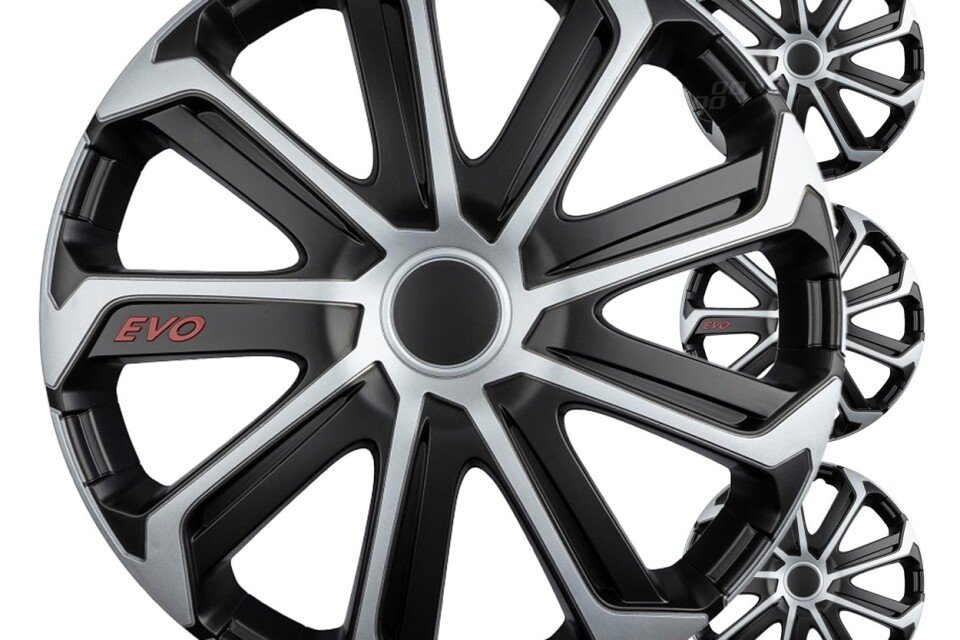 Kołpaki samochodowe 4 szt. Zestaw EVO czarno-srebrny 16" cali KOLOROWE PUDEŁKO