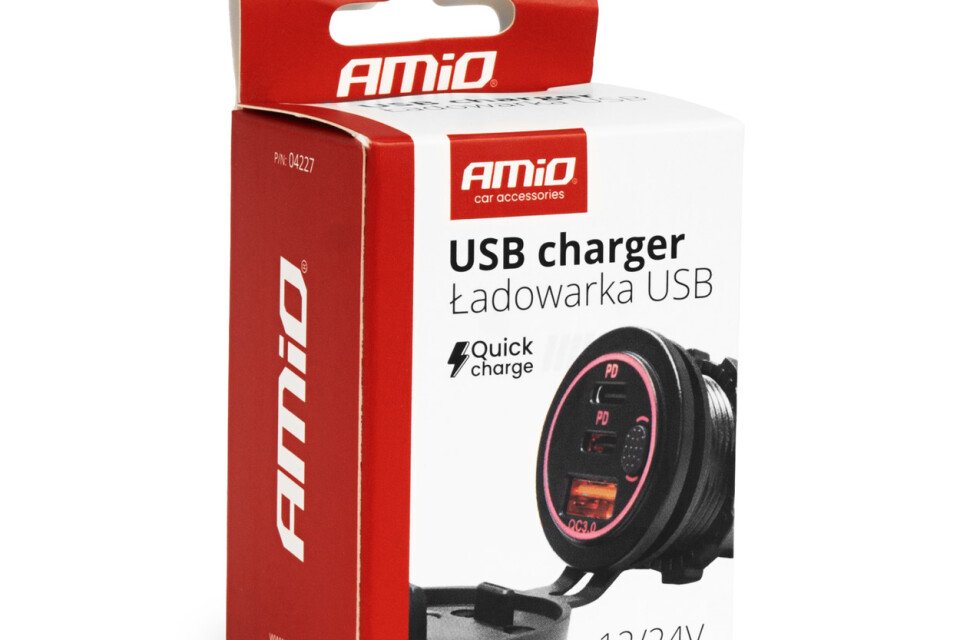 Auto punjač s USB utičnicama, vodootporan, s USB prekidačem + 2x USB-C QC3.0 12V 24V AMIO-04227