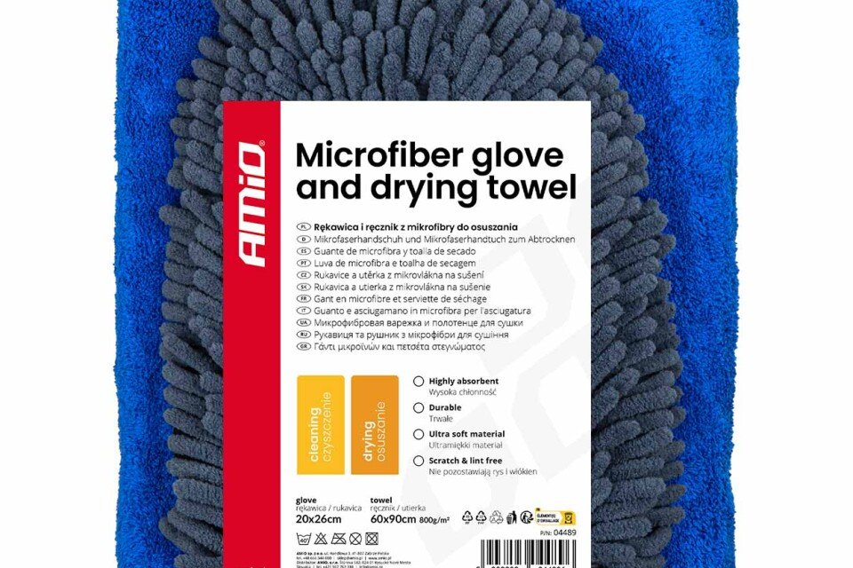 Rękawica i ręcznik do osuszania samochodu z mikrofibry 94/800 g/m² 20 x 26/60 x 90 cm AMIO-04489
