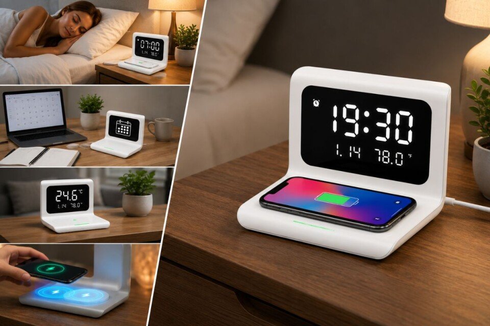 Ladestation mit 4 Funktionen: Alarm, Kalender, Thermometer und kabelloses DigiClock-Ladegerät