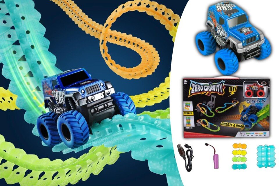 Fluoreszkáló fénypálya FluTrack autóval, USB töltéssel