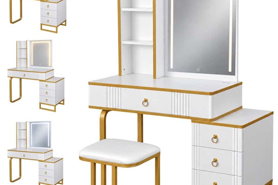 Kosmetiktisch mit LED-Spiegel und Beleuchtung, Schrank und Hocker, weiß und gold